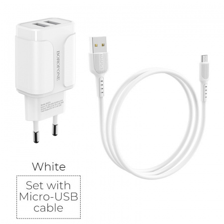 Зарядное устройство BOROFONE BA37A Speedy 2*USB, 2.4A, белый, кабель micro USB